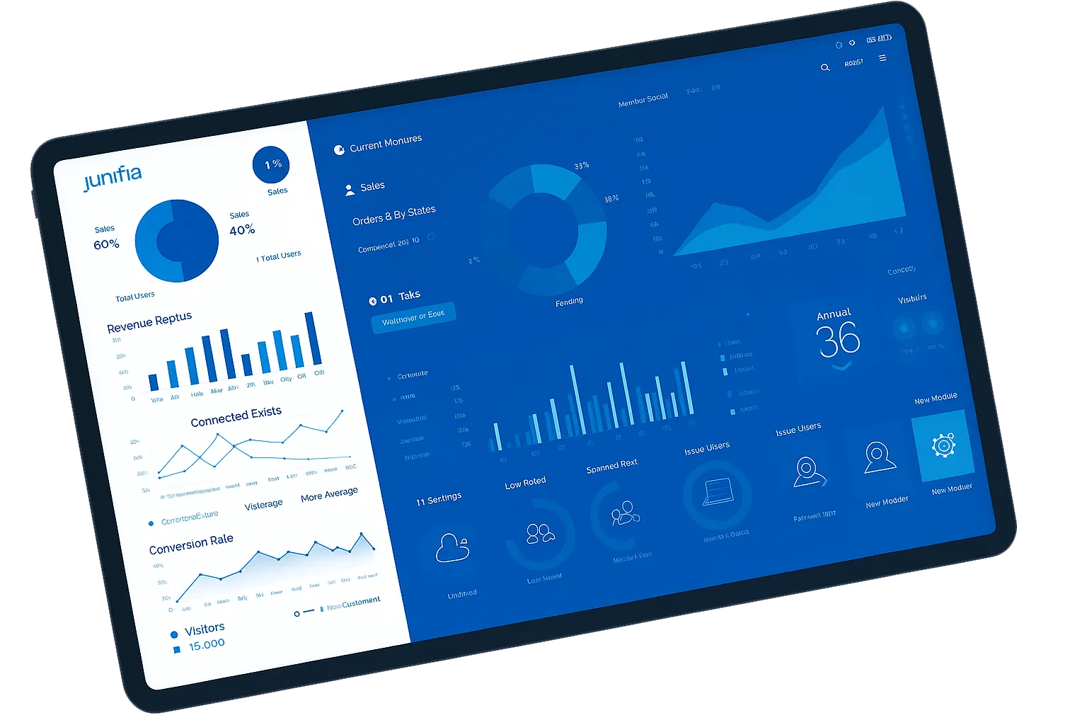 Une tablette affichant un tableau de bord de business intelligence avec des graphiques et des mesures